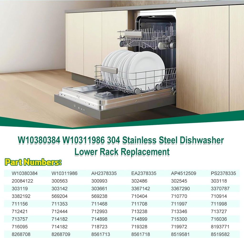 Upgraded 304 Stainless Steel W10311986 W10380384 Dishwasher Lower Rack Replacement for Whirlpool Dishwasher Bottom Rack 300563, DU911PCDQO with WP3376961 Wheels