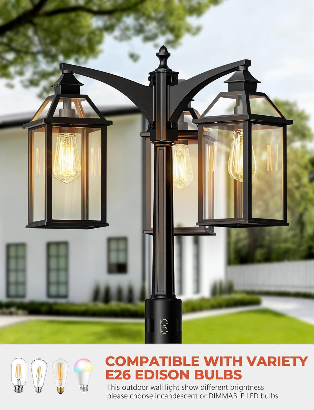 Outdoor Lamp Post Motion Sensor, Dusk to Dawn Pole Lights 3-Head, Classic Black 360°Detection Waterproof Anti-Rust Aluminum Street Lighting for Yard Backyard Patio Driveway