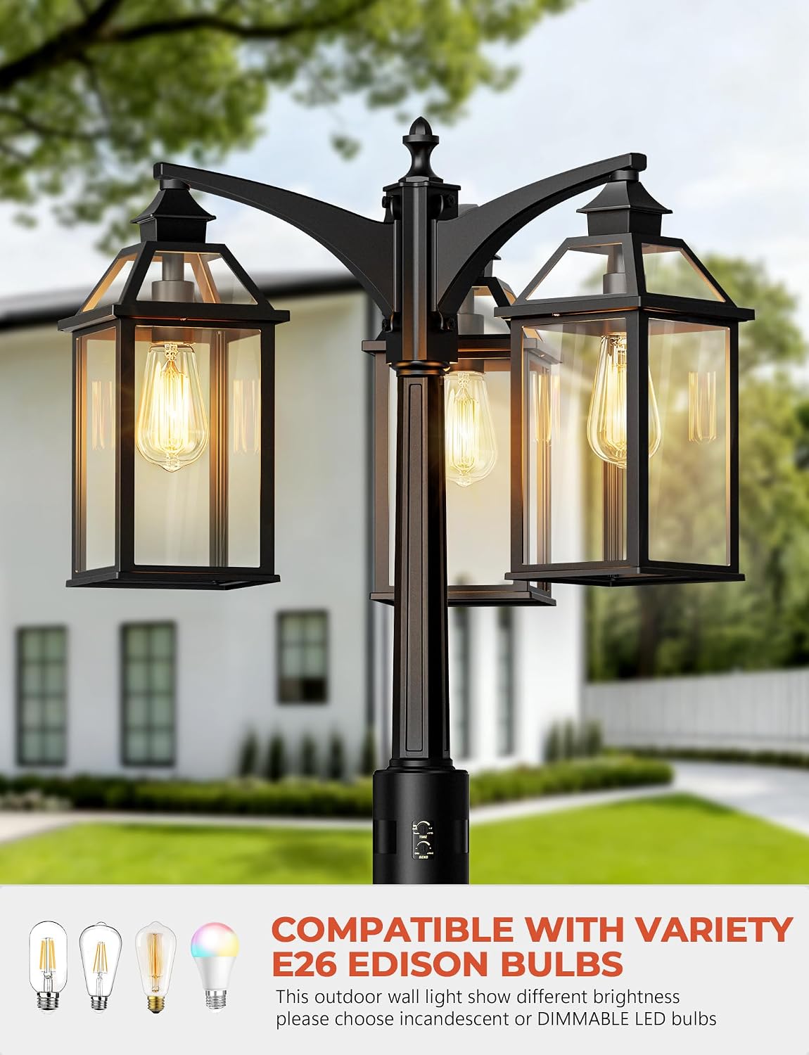Outdoor Lamp Post Motion Sensor, Dusk to Dawn Pole Lights 3-Head, Classic Black 360°Detection Waterproof Anti-Rust Aluminum Street Lighting for Yard Backyard Patio Driveway