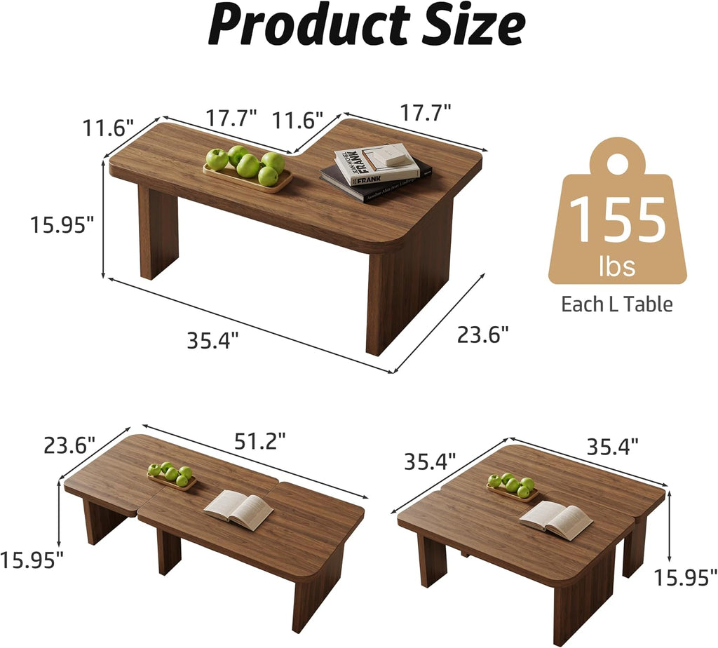 Mid Century Modern Coffee Table for Living Room, Wood Coffee Table with Free Adjustable Shape, Square Living Room Table Minimalist Tea Table, Brown Nesting Table Set of 2