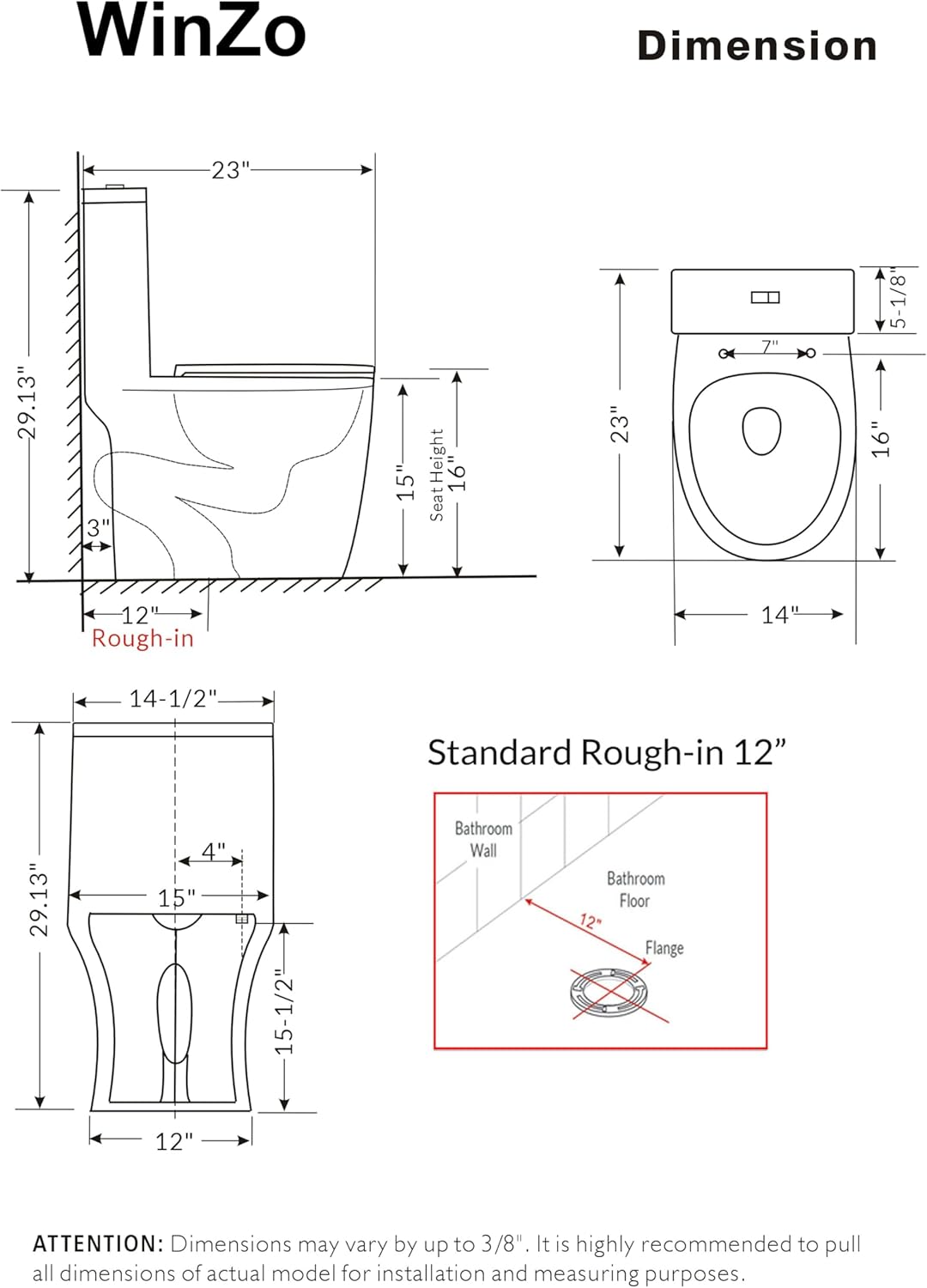 WinZo WZ5079B Compact One Piece Toilet 22.8' Depth Modern Short Design Dual Flush for Small Tiny Mini Bathroom 12' Rough-in,Matte Black