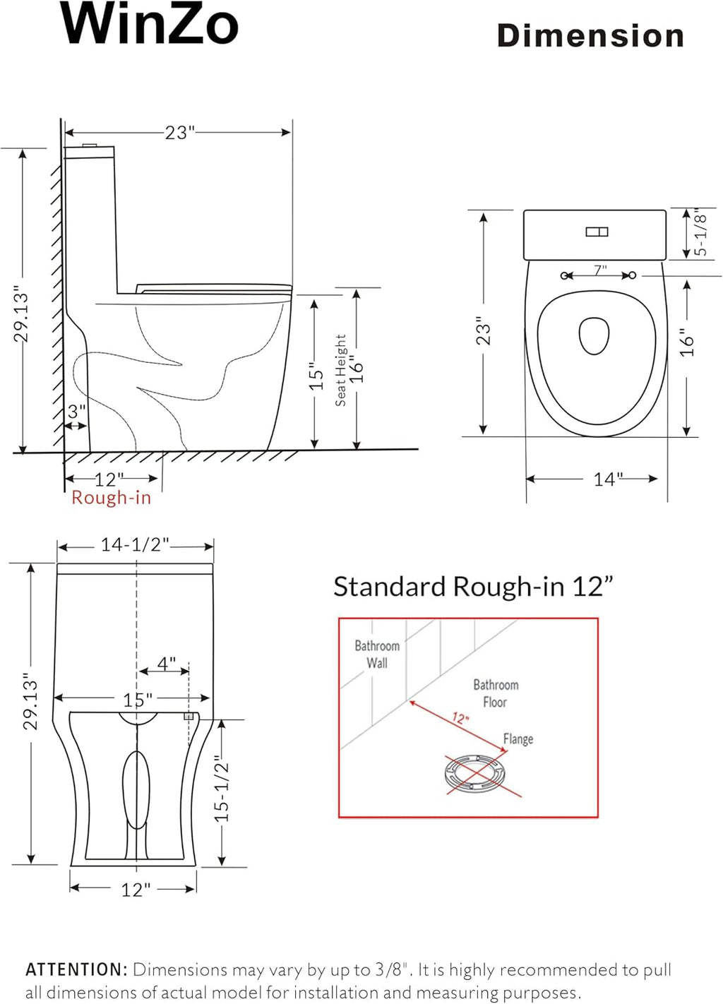 WinZo Compact One Piece Toilet 22.8' Depth Modern Short Design Dual Flush for Small Tiny Mini Bathroom 12' Rough-in,White (WZ5079)