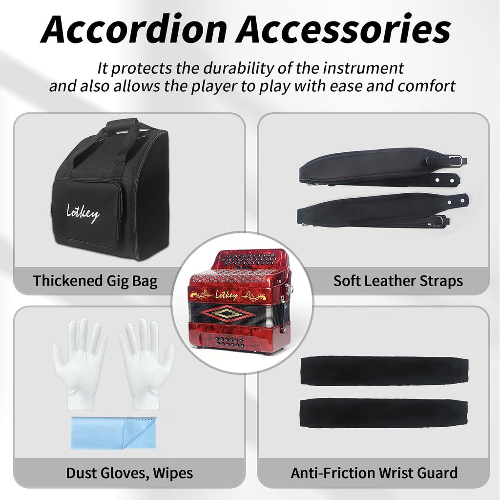 Lotkey 34 Key Diatonic Accordion, 3412 Multi Tone Celluloid Accordions Louder Clearer Timbre than Plastic for Adult, Beginner, Professional with Updated Bag, Straps, Acordeón Wrist Guard (FBE Red)