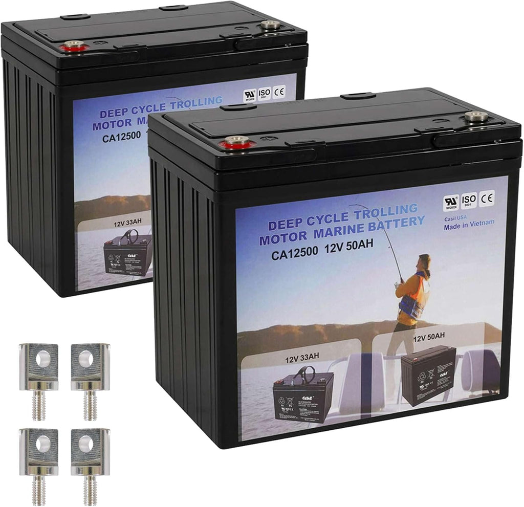 Casil 2 Pack 12V 50Ah Deep Cycle AGM Solar Battery Marine Battery Trolling Motor Battery for RV Minn Kota Electric Wheelchair Pride Motorized Wheelchair Electric Boat Motor and Solar Applications