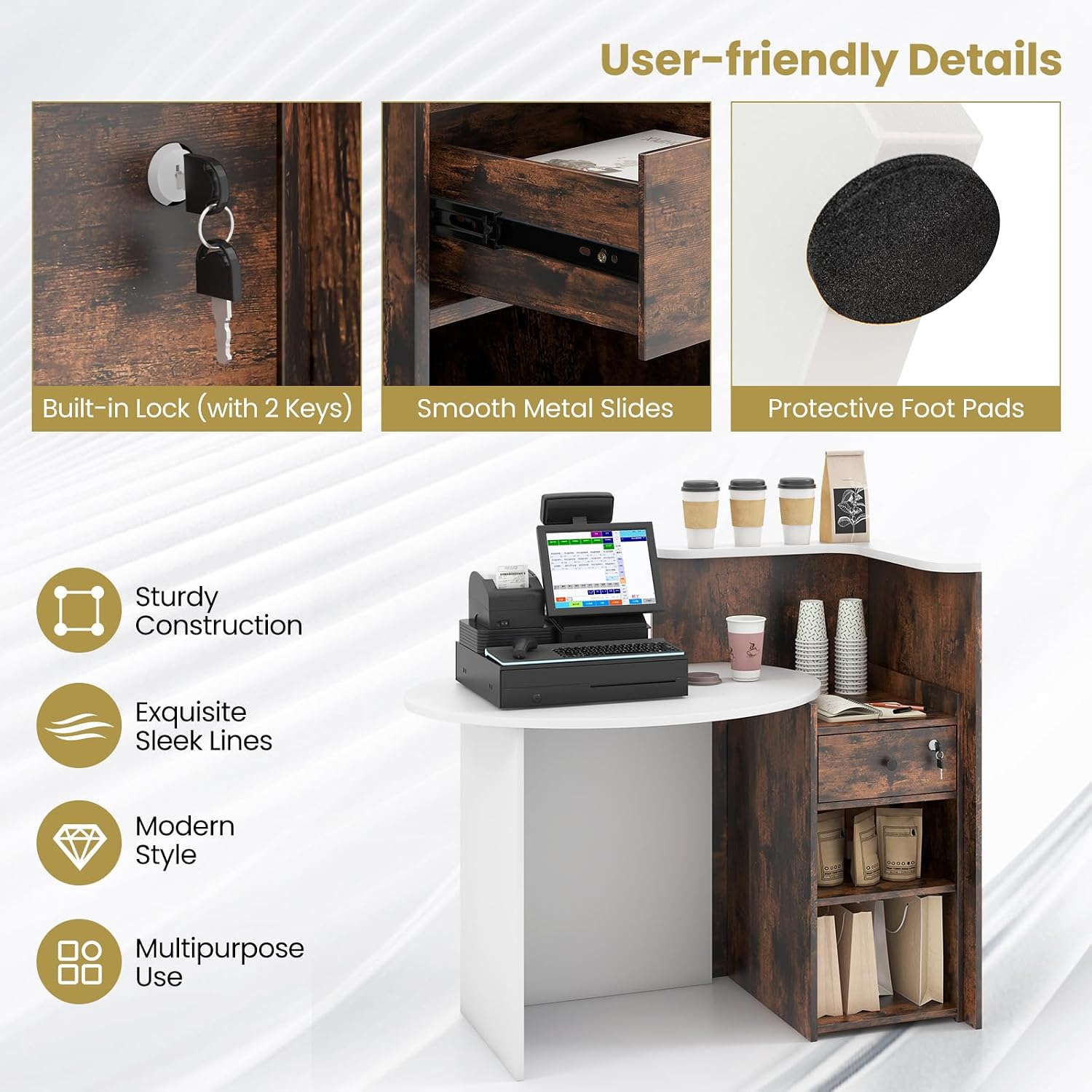 Giantex Reception Desk, Front Counter Desk with Lockable Drawer, Retail Counter Checkout Table with Round Tabletop, Corner Shelf & Adjustable Shelf for Office Beauty Salon Retail Store (Brown)