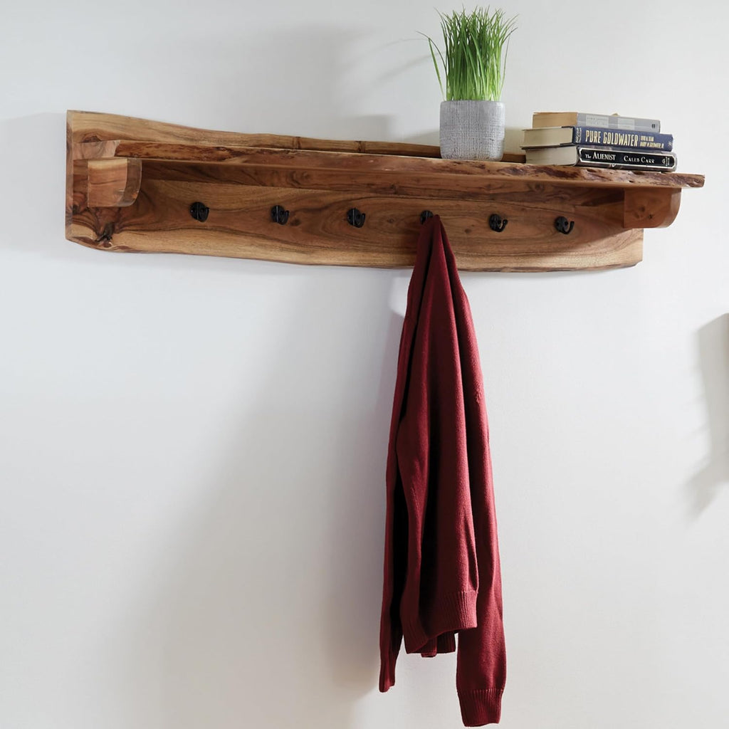 Alaterre Furniture Alpine Natural Live Edge Wood Coat Rack – 48' Solid Wood Wall-Mounted Coat Hook with Top Shelf & 6 Hooks – Modern Farmhouse Storage Organization for Entryway, Hallway, or Mudroom