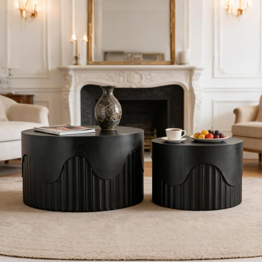 Fluted Round Nesting Coffee Table Set of 2, Modern Unique Circle Coffee Table, Drum Side Tea Table, Space-Saving for Living Room, Bedroom, Balcony, Office, No Assembly (26.77'+19.69' Black A)