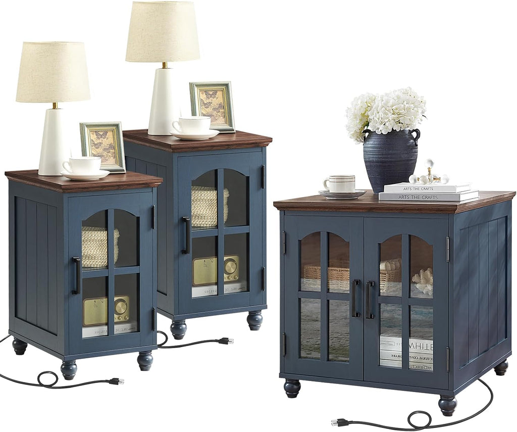 RWYHG Farmhouse End Table Set of 3 with Charging Station, 18'' Narrow Side Table and 24' Large Sofa Side Table with Glass Barn Door Storage, Wood Night Stand Bedside Table for Living Room,Bedroom