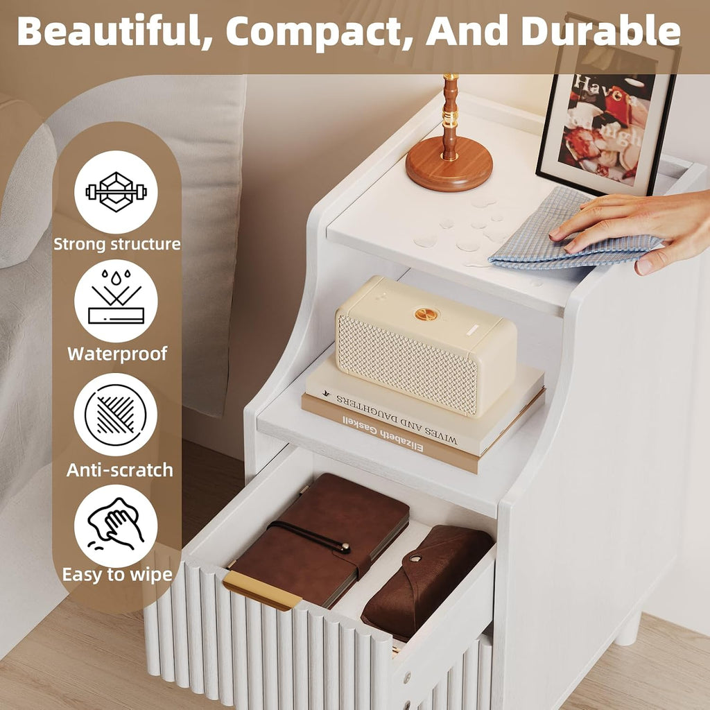 Narrow Nightstand Set of 2,11.8' Fluted Bedside Table Set of 2, Slim Side End Table with 2 Drawers, Wooden Bedside Table, White Wood Night Stand for Bedroom Livingroom Sofa Office