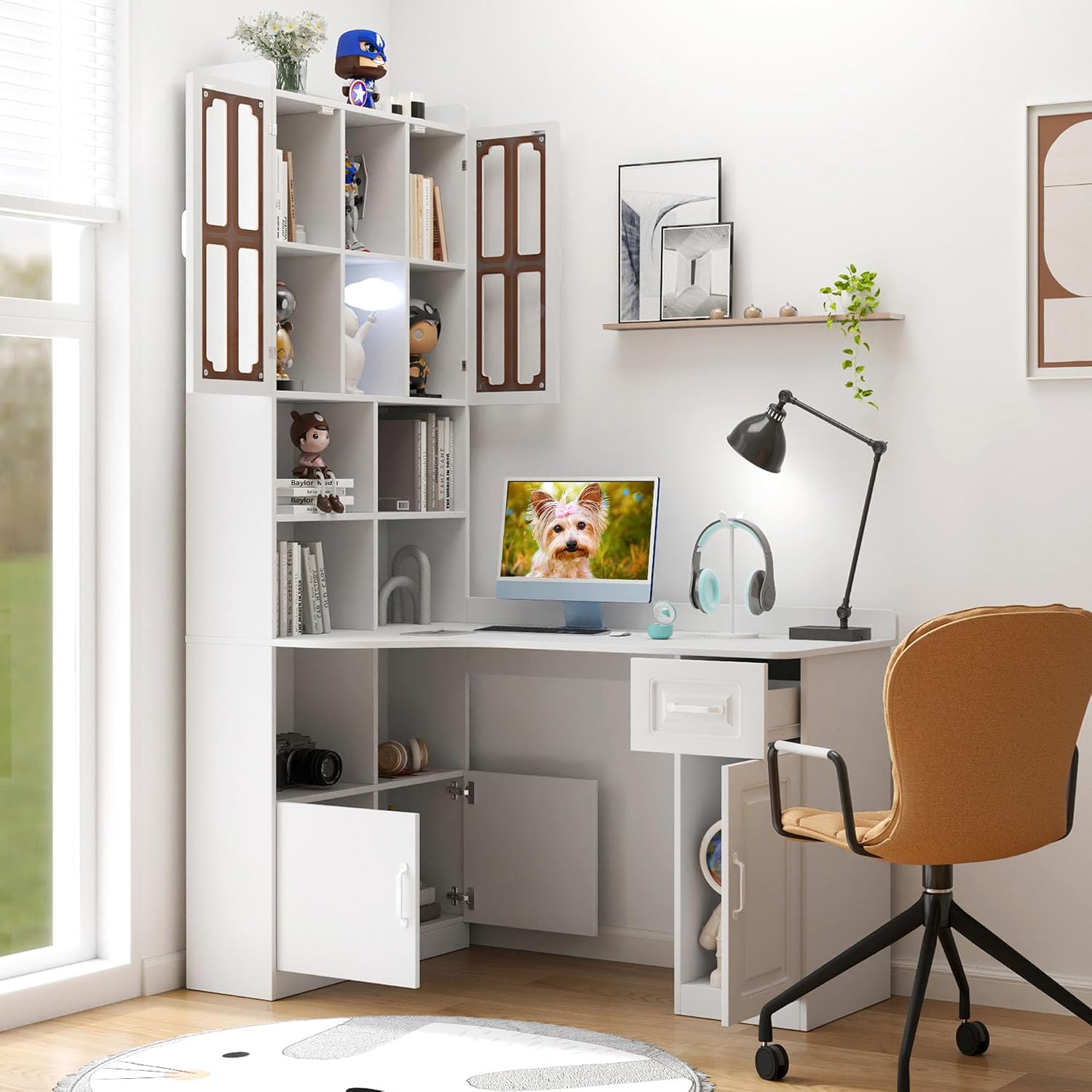 l Shaped Desk with Hutch & Drawers, Small Corner Desks for Small Space Home Office, Farmhouse Desk and Bookshelf Combo with Storage (White)