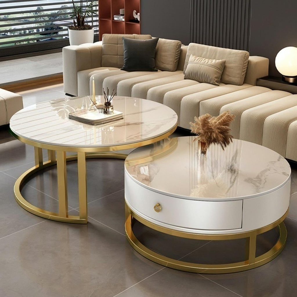 LITFAD 2 Piece Set Nesting Coffee Tables Steel Frame Round Slate Top Living Room Table Modern Central Table with Storage Drawer for Living Room, Office, Cafe - 27.5' L + 19.5' L Gold/White - White