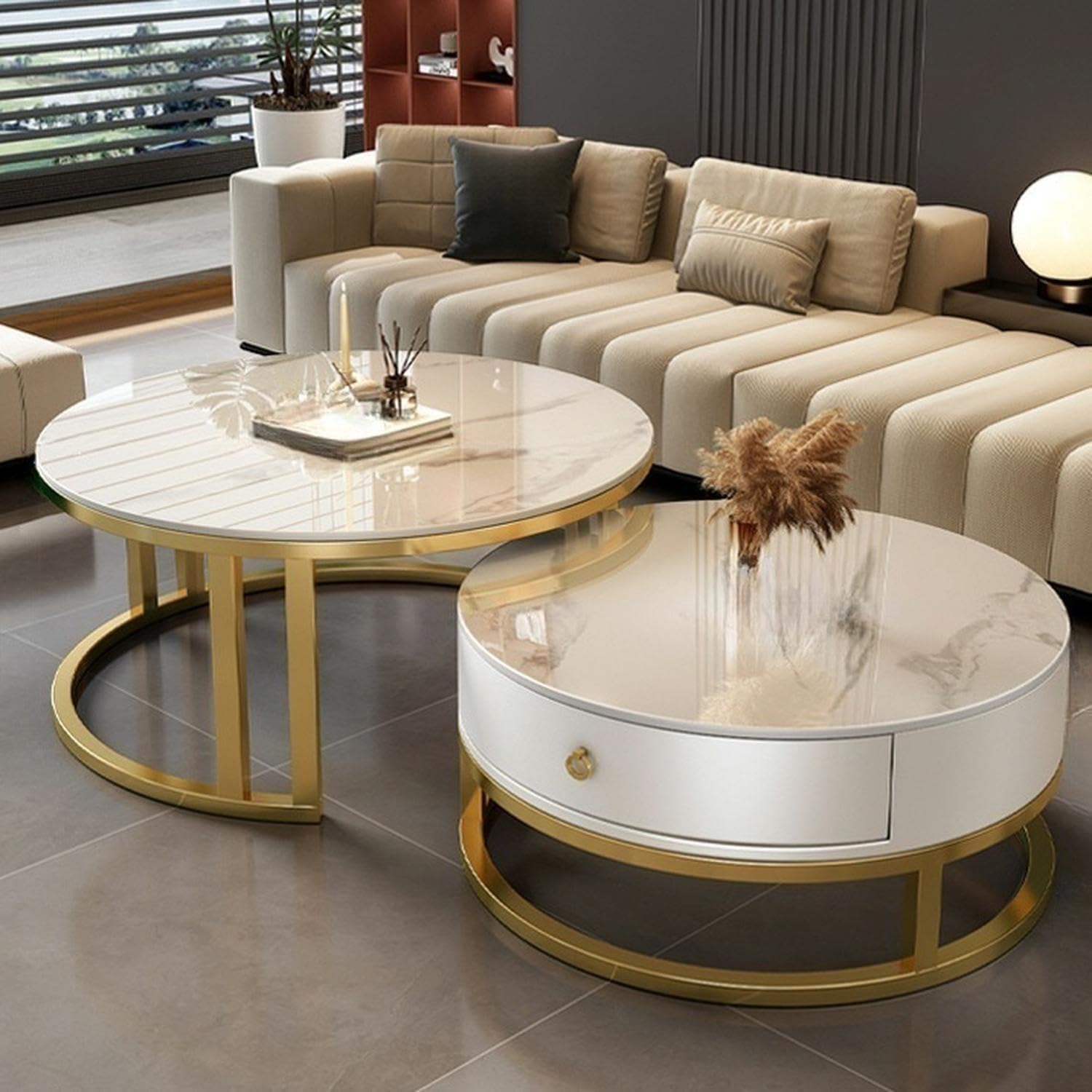 LITFAD 2 Piece Set Nesting Coffee Tables Steel Frame Round Slate Top Living Room Table Modern Central Table with Storage Drawer for Living Room, Office, Cafe - 27.5' L + 19.5' L Gold/White - White