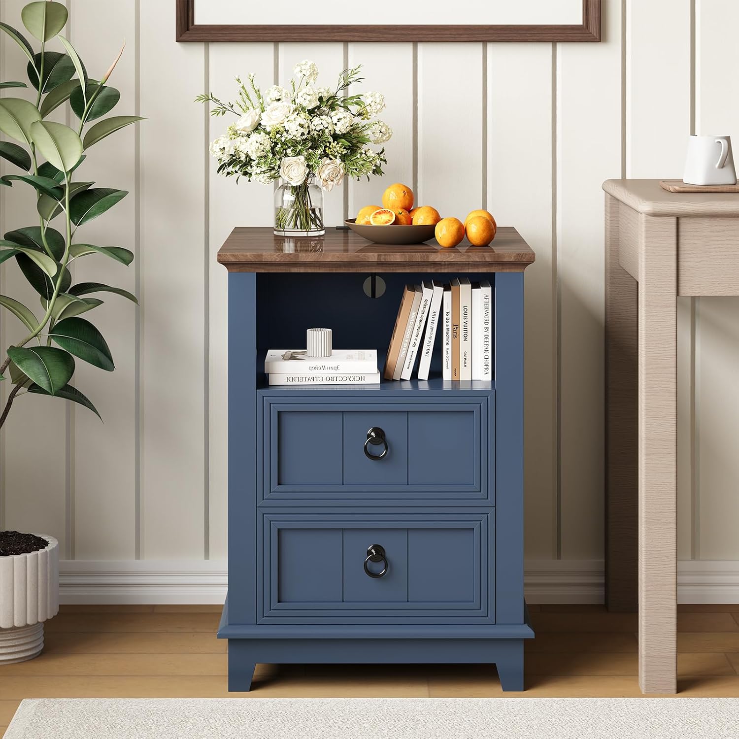 IDEALHOUSE 18in Nightstand Set of 2 with Charging Station, Farmhouse Bed Side Table Wood End Table with 2 Drawers and Open Shelf for Bedroom Living Room, Blue