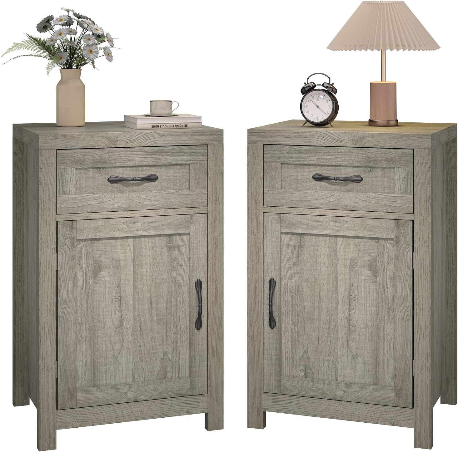 Farmhouse Nightstand Set of 2 with Drawer, 30' End Table with Storage Cabinet and Adjustable Shelf, Tall Bedside Table Rustic Wood Sofa Side Table for Living Room, Bedroom, Grey