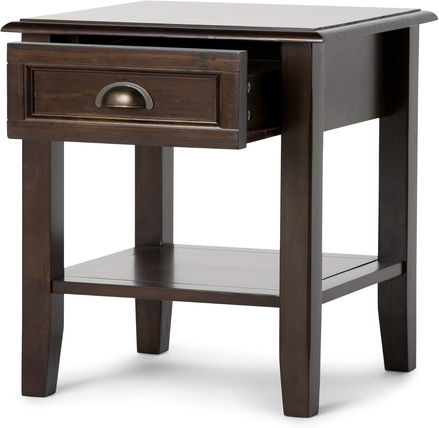 SIMPLIHOME Burlington End Table - 18 inch Wide Solid Wood Square Accent Table with Drawer and Open Shelf in Mahogany Brown, Transitional Nightstand or Lamp Stand for Living Room or Bedroom