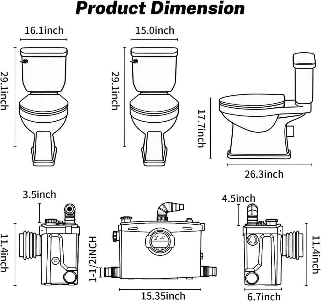 800PRO Macerating Toilet with Pump, Two-Piece Upflush Toilet For Basement, Powerful & Quiet Macerating Pump System With 4 Water Inlet, 23Ft Vertically, Elongated Bowl