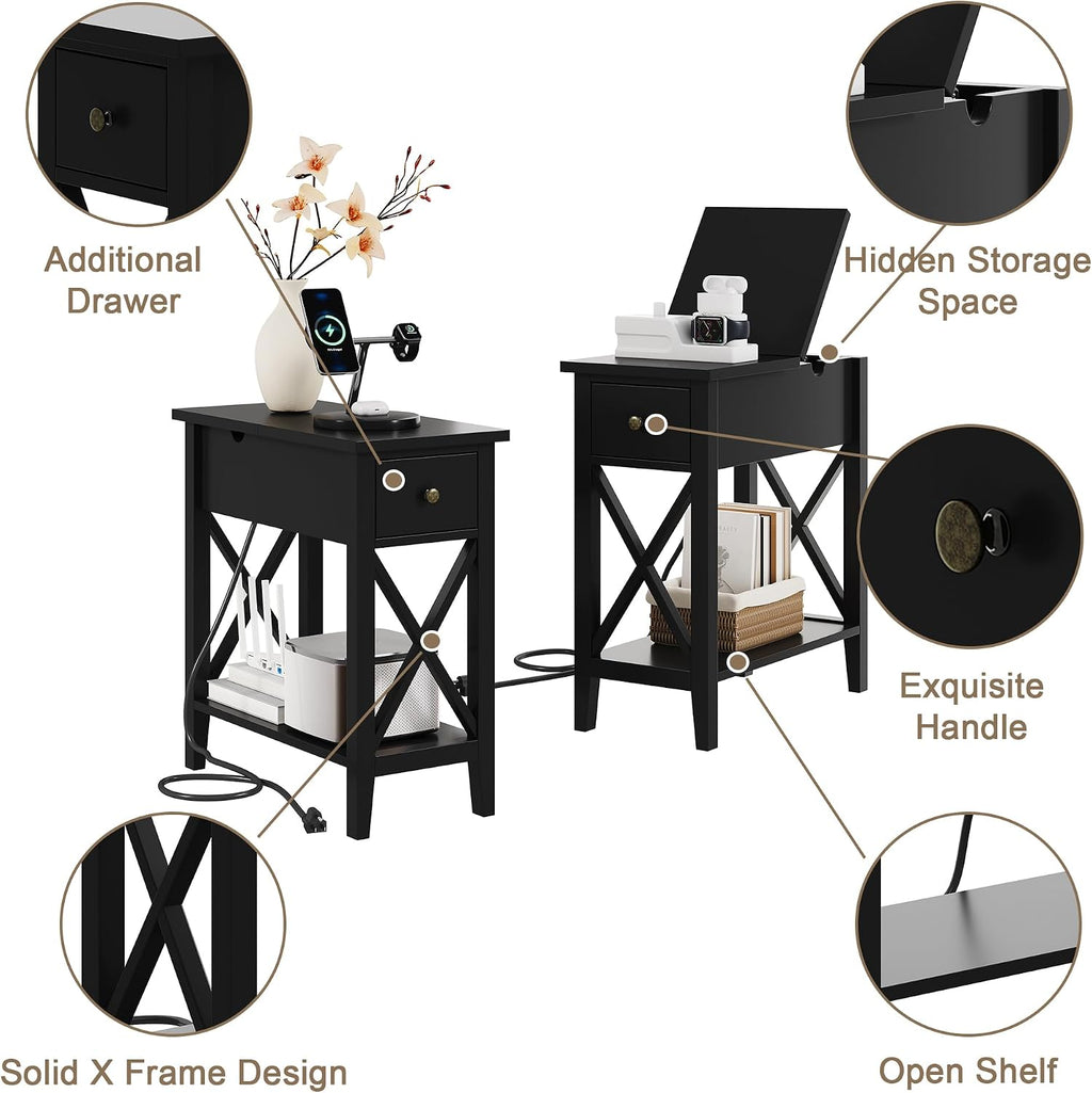 ChooChoo End Table Set of 2 with Charging Station, Narrow End Table with USB Ports and Outlets, Small Side Table Nightstand with Drawer for Living Room, Bedroom, Black
