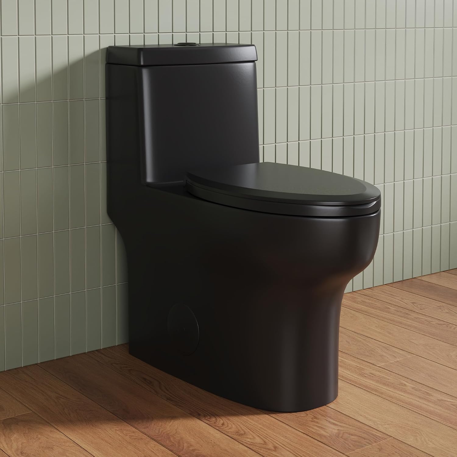 DeerValley Black One Piece Toilet with Efficient Dual Flush 1.1/1.6 GPF | Standard Height Toilet Bowl, Durable Ceramic, Slow Close Seat, Skirted Design 12' Rough-In Toilet for Bathroom DV-1F026B