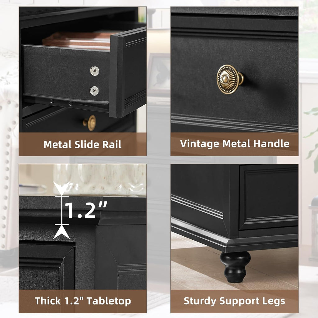 Joaxswe 24' Wide Farmhouse Night Stand Set of 2,Large End Table with 3 Drawers & Metal Handle,Wood Dresser for Bedroom Cabinet, Bed Side Table Chest of Drawers,Nightstand for Living Room,Closet,Black
