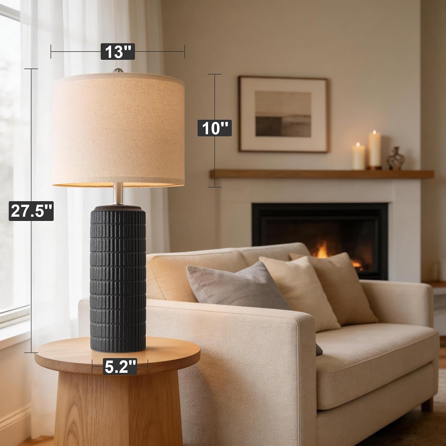 PoKat 27.5'' Tall Table Lamps Set of 2 for Living Room, Matte-Textured Farmhouse Ceramic Bedside Lamps for Bedroom, Modern Nightstand Lamps for Office Sideboard Hallway Home Decor, Matte Black