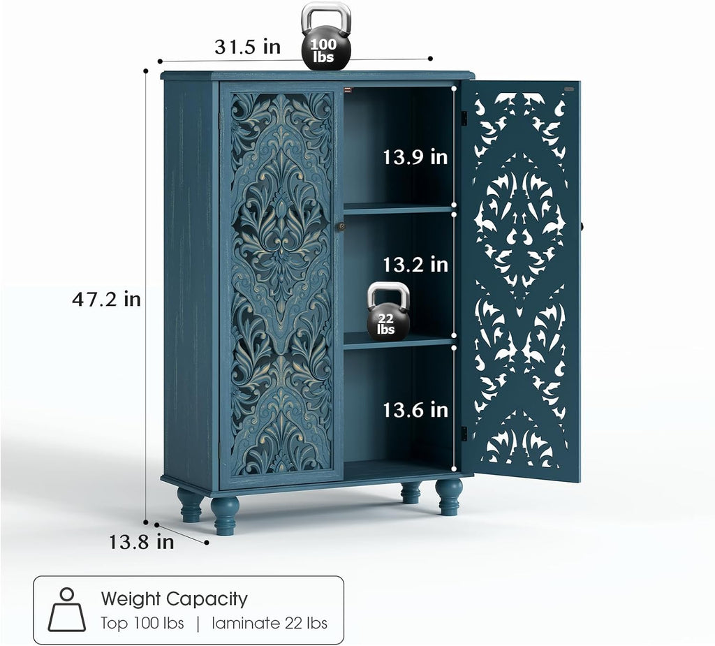 JOINICE 47' Tall Accent Cabinet with Navy Blue Mandala Carved Doors, Solid Wood Legs Storage Cabinet with 100 lbs Capacity, Boho Farmhouse Sideboard Buffet for Entryway, Living Room & Coffee Bar