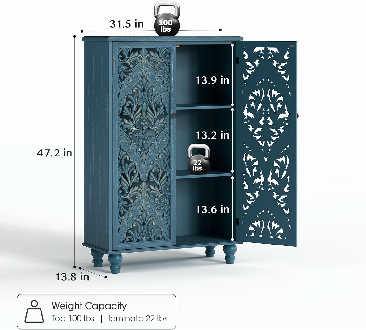 JOINICE 47' Tall Accent Cabinet with Navy Blue Mandala Carved Doors, Solid Wood Legs Storage Cabinet with 100 lbs Capacity, Boho Farmhouse Sideboard Buffet for Entryway, Living Room & Coffee Bar