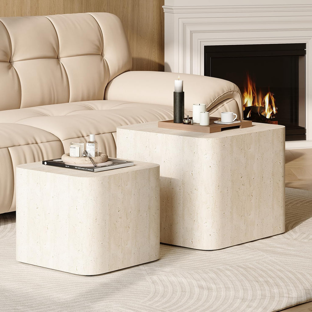 Nesting Coffee Table Set of 2, Modern Coffee Table and End Table Sets, Small Wooden Nesting Side Tables for Living Room Bedroom Apartment(Travertine)
