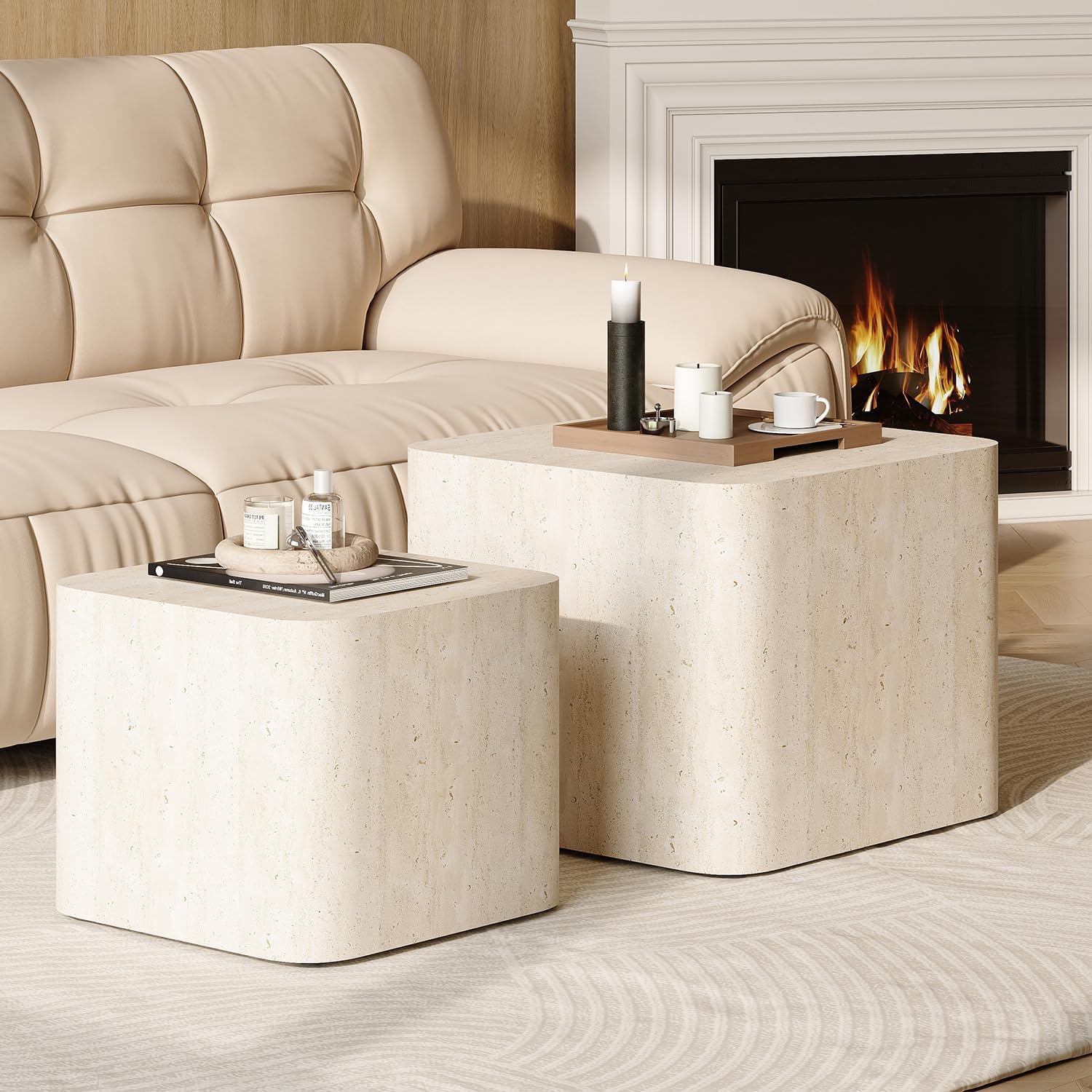 Nesting Coffee Table Set of 2, Modern Coffee Table and End Table Sets, Small Wooden Nesting Side Tables for Living Room Bedroom Apartment(Travertine)