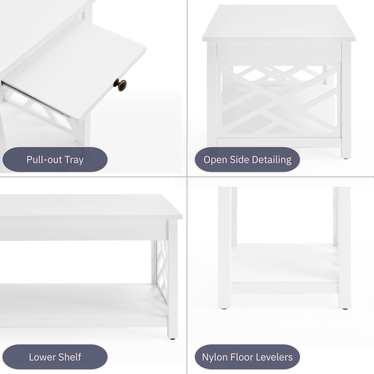 Coventry 2-Piece Living Room Table Set – Cottage Style Coffee Table and End Table with Lower Shelves and Pull-Out Tray – for Apartment, Loft, or Teen Room by Alaterre Furniture (White)