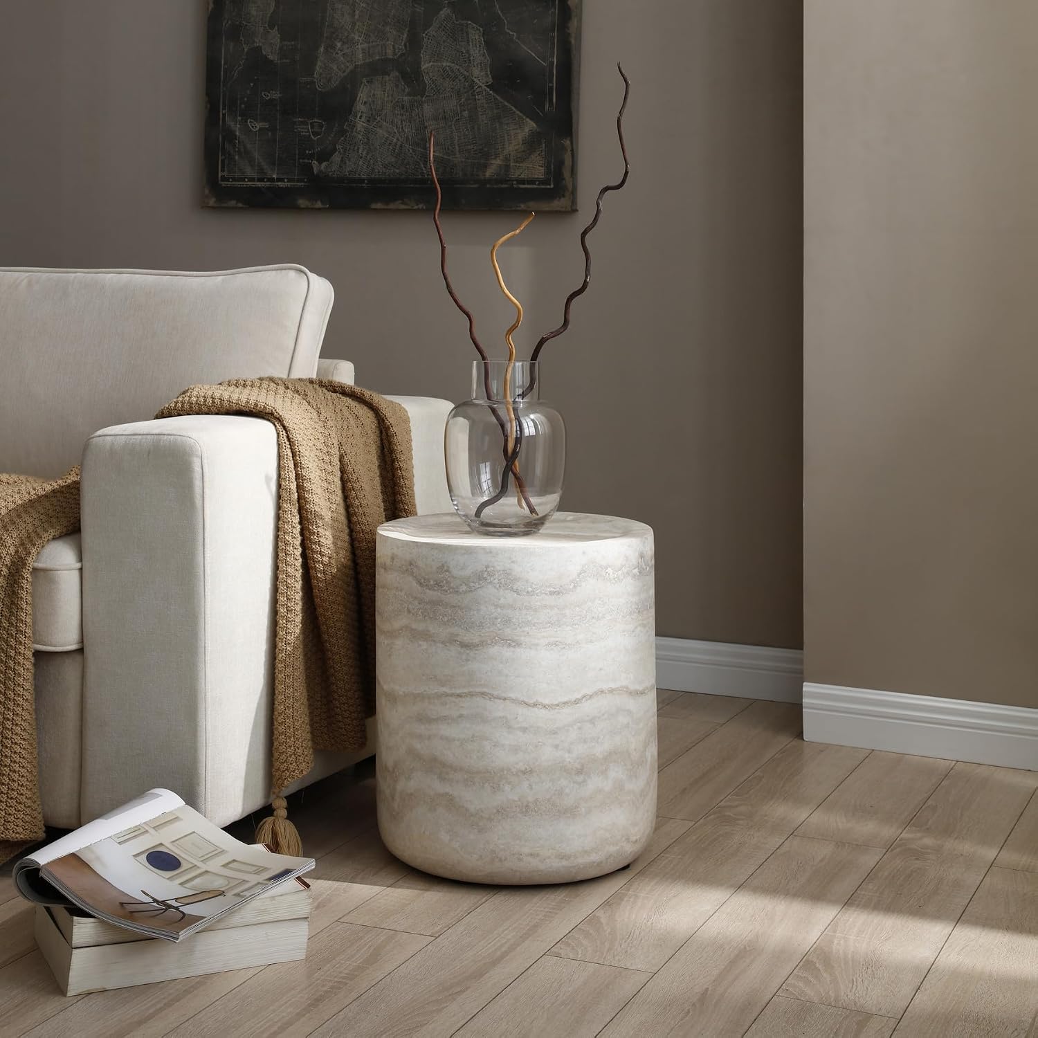 Modern Drum-Shape Side End Table for Living Room 15.74' Round Sofa Side Table Light Sand Color Circle Small Coffee Table for Home Office, Fully Assembled