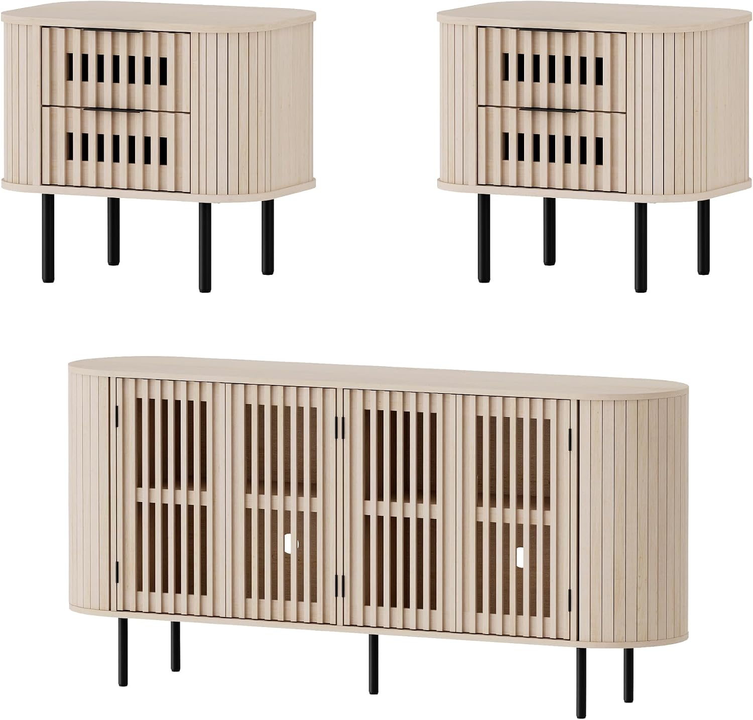 WAMPAT 3 Pieces Entertainment Center for Living Room, Mid Century Modern TV Stand and 2 End Tables for 75 inch TVs, Wood Media TV Console with Storage, Simple Assembly, Natural