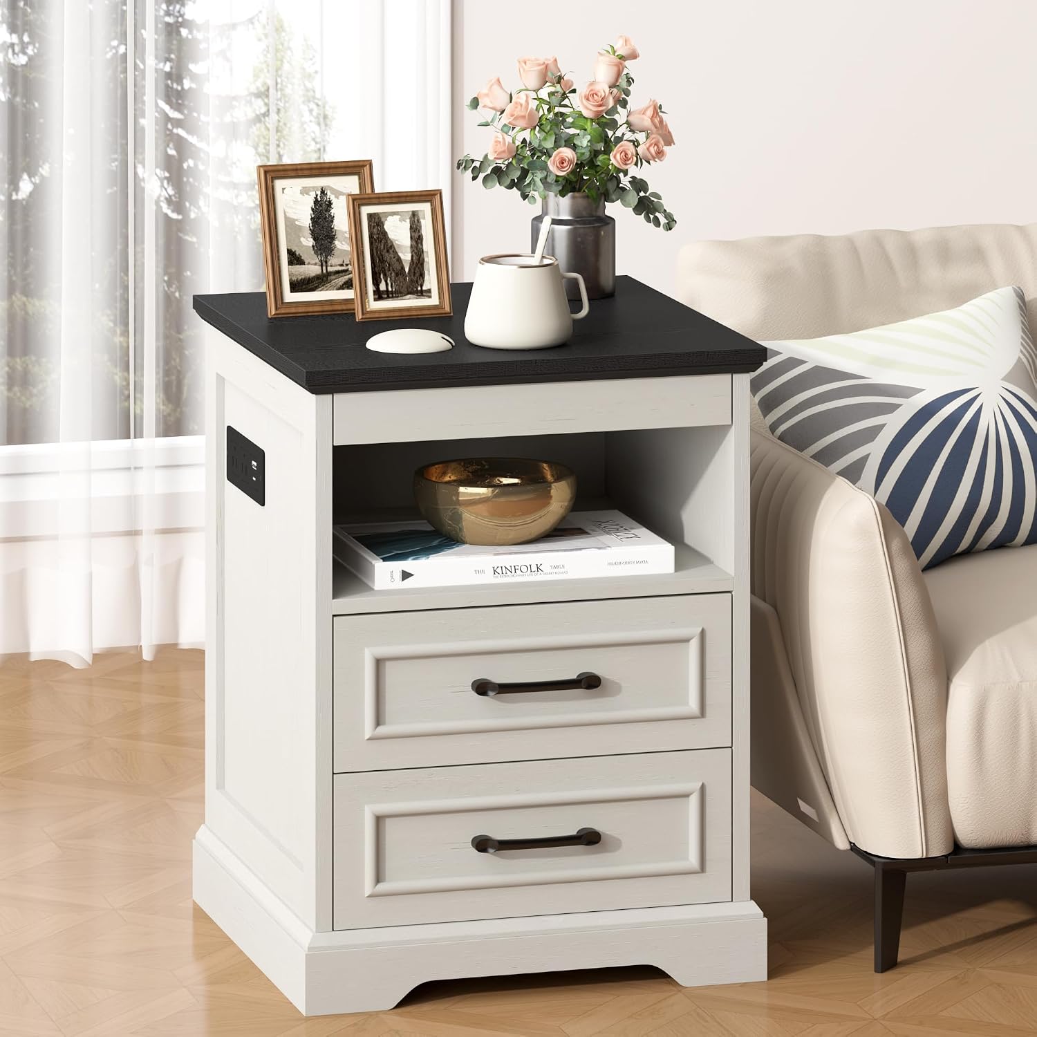 Gadroad 18' Farmhouse Accent Nightstand with Charging Station, End Table with 3 Drawers Storage, Side Table, Bedside Cabinet for LivingRoom Bedroom Office, Antique White