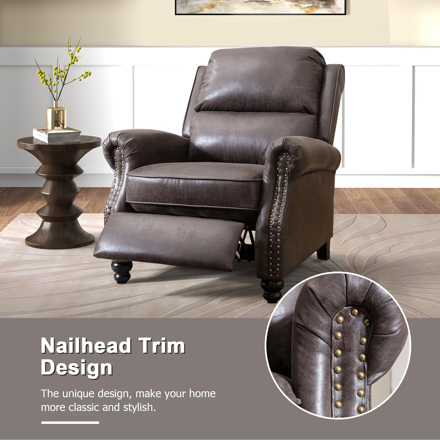 CANMOV Pushback Recliner Chair Set of 2, Faux Leather Armchair Push Back Recliner with Rivet Decoration Single Sofa Accent Chair for Living Room, Dark Grey