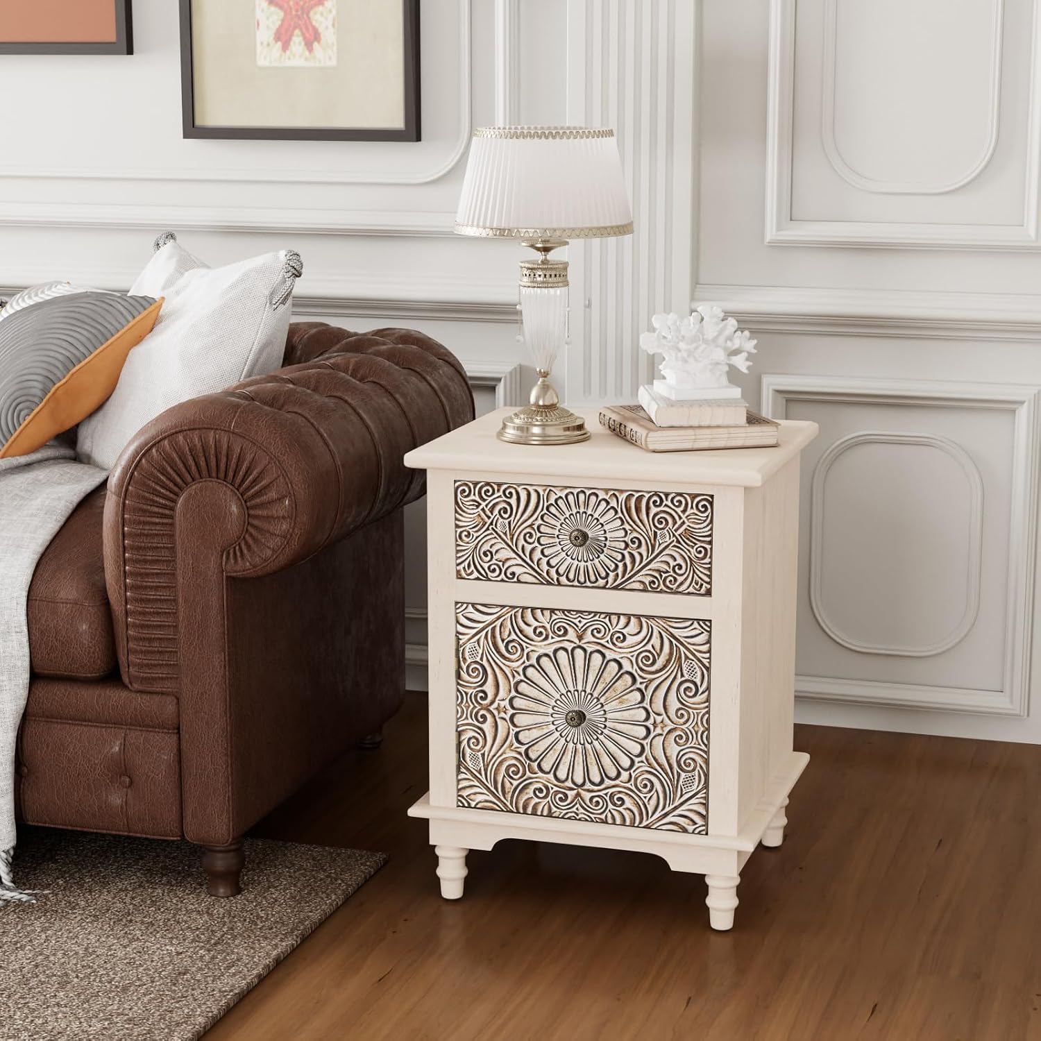 COSIEST Bedside Table Set of 2, Wood Nightstand, Farmhouse End Table with Storage, Nightstand with Drawers for Bedroom, Living Room
