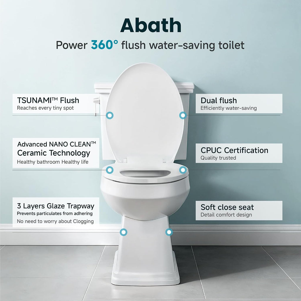 ABath 17' ADA Height Toilet Elongated with Soft Close Seat & 360° TSUNAMI Flush 1.28 GPF, WaterSense/1000g Map Certified, NANO CLEAN Ceramic, Two Piece Modern Toilets for Small Bathrooms, 12' Rough in