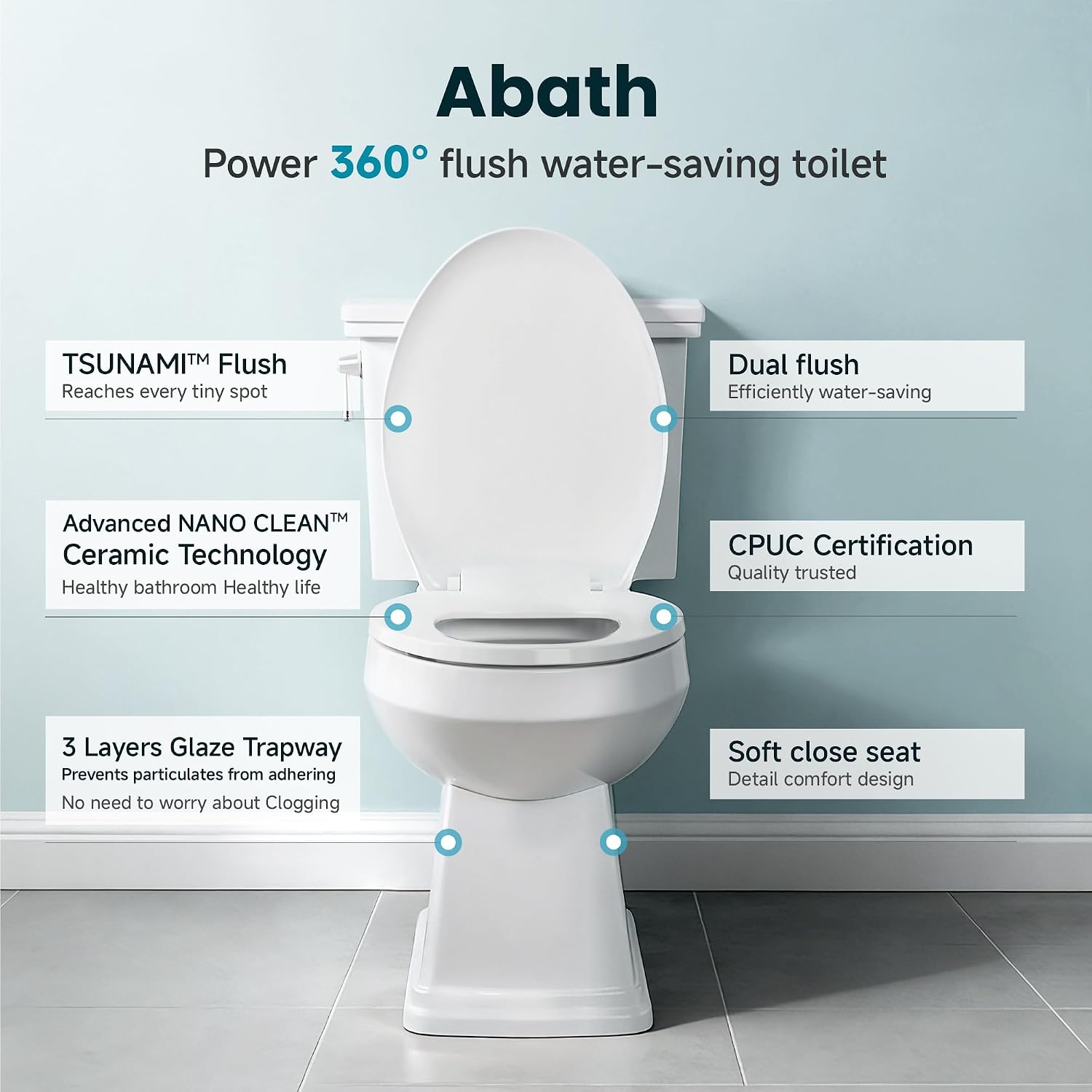ABath 17' ADA Height Toilet Elongated with Soft Close Seat & 360° TSUNAMI Flush 1.28 GPF, WaterSense/1000g Map Certified, NANO CLEAN Ceramic, Two Piece Modern Toilets for Small Bathrooms, 12' Rough in