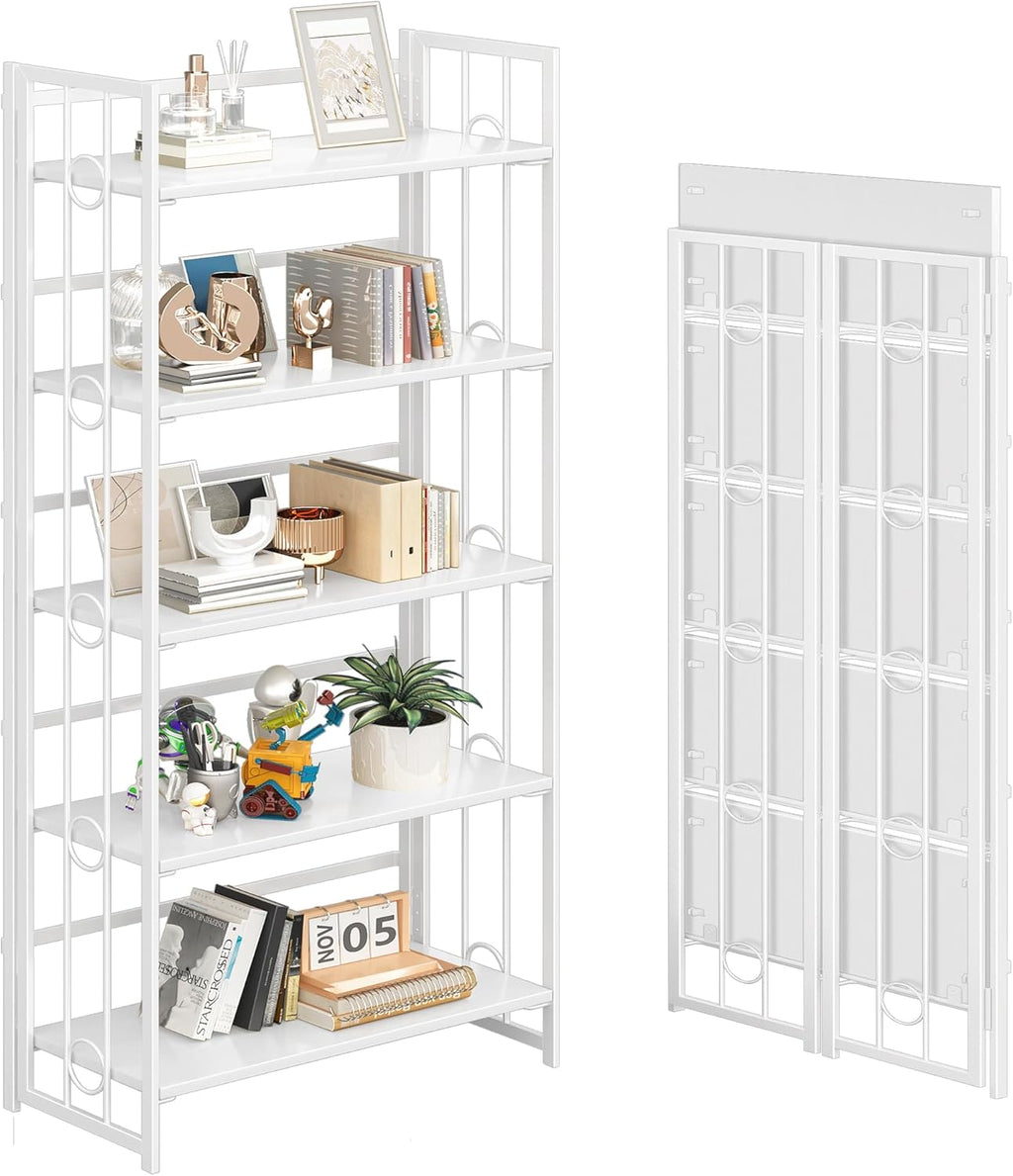 4NM No Assembly 5 Tiers Folding Bookshelf, 59.4' H Foldable Storage Shelves Vintage Bookcase Standing Racks Study Organizer Home Office - All White