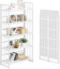 4NM No Assembly 5 Tiers Folding Bookshelf, 59.4' H Foldable Storage Shelves Vintage Bookcase Standing Racks Study Organizer Home Office - All White