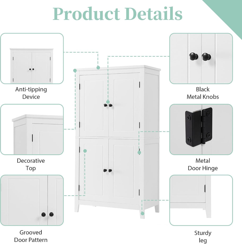 Bathroom Storage Cabinet with Adjustable Shelves, Freestanding | MDF, painted finish, adjustable shelves, 4 doors, anti-tip kit, bathroom, home office, 23.6 W x 11.8 D x 43.3 H in