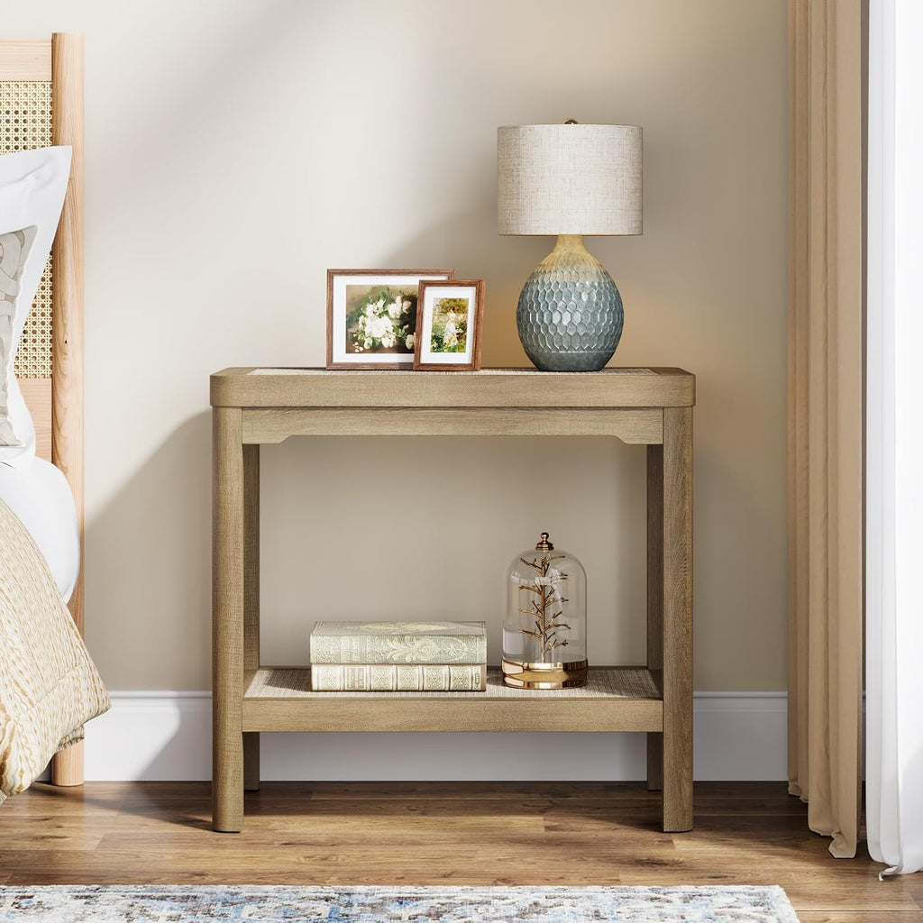 Eclatara Night Stand Set of 2, Farmhouse End Table with 2 Tier Boho Rattan Shelves, Side Tables with Round Edge Design, Ultra-Thick Legs Bedside Nightstand for Bedroom, Caramel Oak