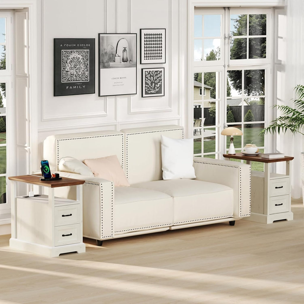 HOMMPA 23.6'' Farmhouse End Table with Charging Station Set of 2, Rustic Night Stand w/ 2 Drawers & Open Shelf, Wood Sofa Side Table Bedside Table for Living Room, Roman Column Design, Rustic White
