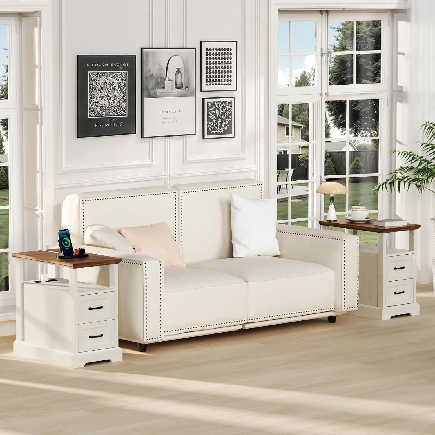 HOMMPA 23.6'' Farmhouse End Table with Charging Station Set of 2, Rustic Night Stand w/ 2 Drawers & Open Shelf, Wood Sofa Side Table Bedside Table for Living Room, Roman Column Design, Rustic White
