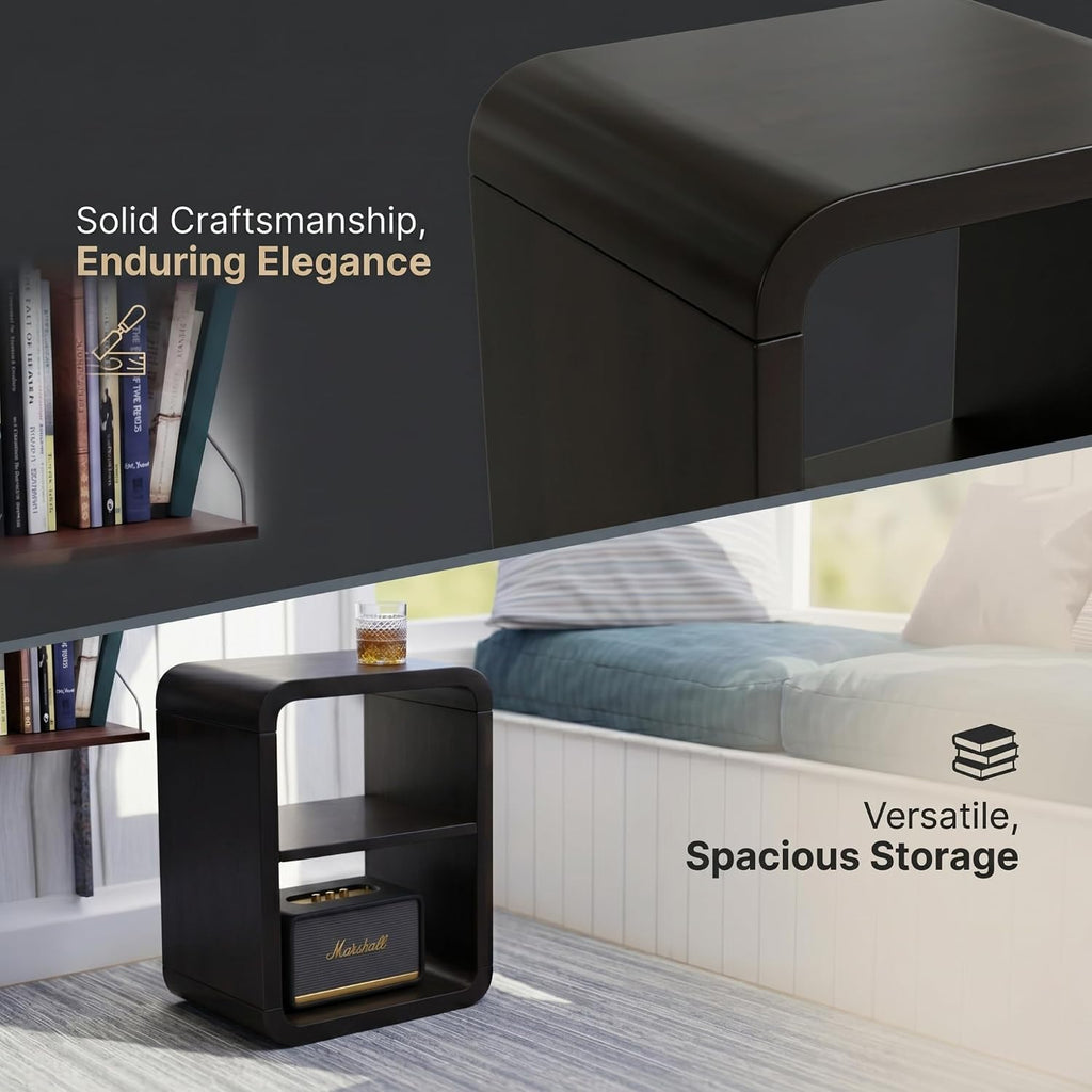 Relso Aurora End Table Solid Sheesham Wood Nightstand with Open Shelf Storage, Walnut Finish Bedside Table, Side Table for Bedroom, Living Room, Entryway, Small Spaces, Accent Bookshelf