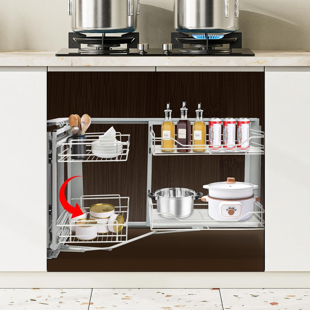 Blind Corner Cabinet Pull Out Right, 15 Inch Blind Corner Cabinet 2 Tiers Organizer Adjustable Design, Hidden Slide Out Shelves for Store Kitchen Utensils (Pull Out Left & Right, Style2)