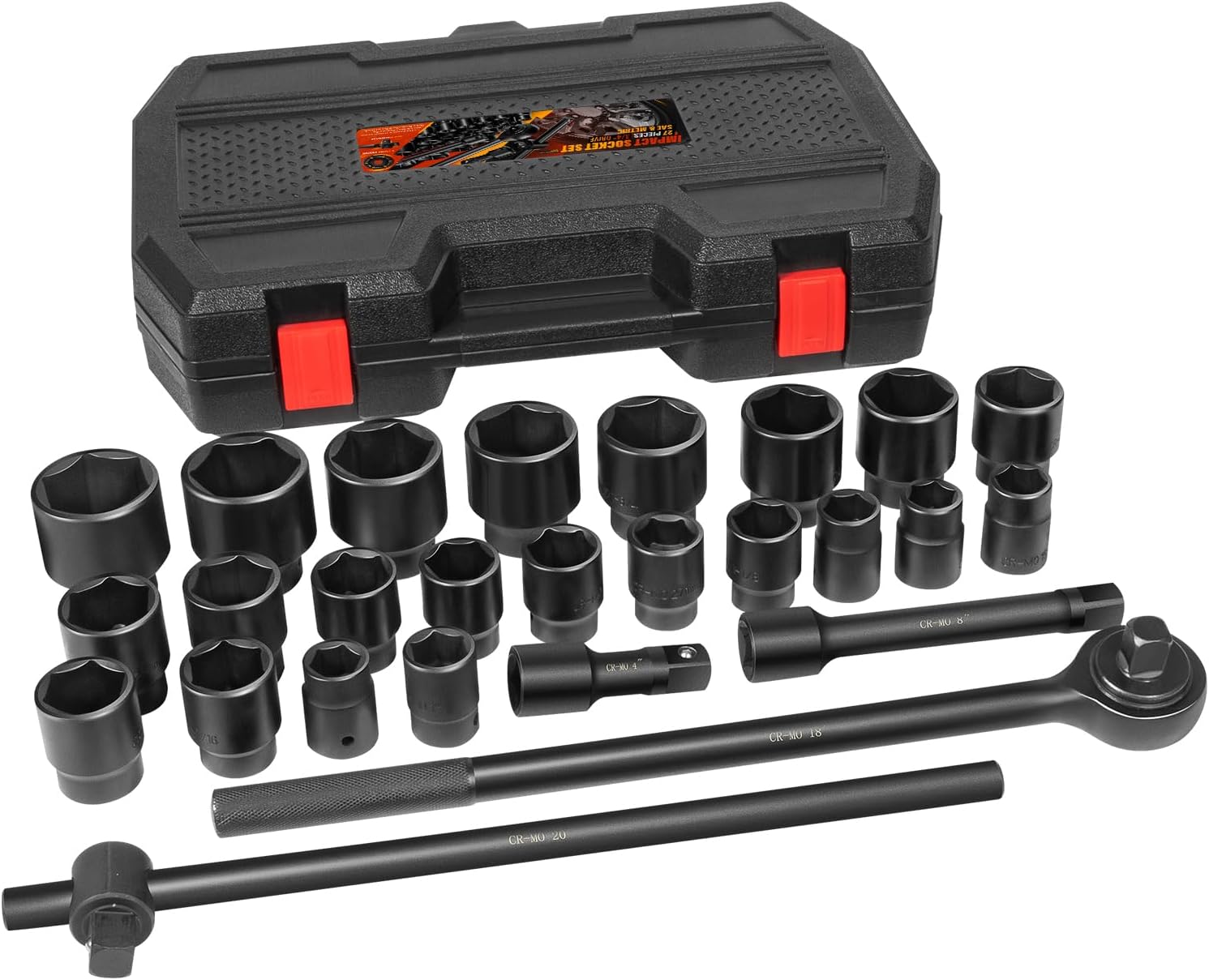 3/4-Inch Drive Jumbo Master Impact Socket Set, SAE and Metric Shallow-Socket Tool Set, SAE 7/8' to 2' and Metric 22 to 50 mm Sockets with Extension Bars and Ratchet Handle, 27 pieces