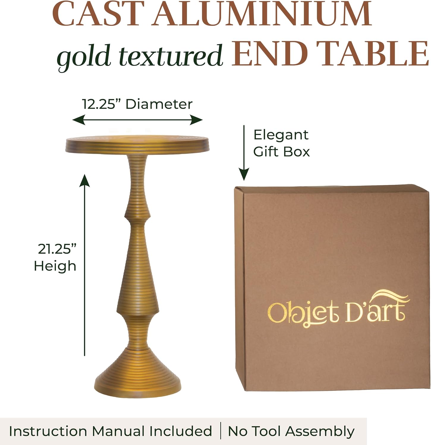OBJET D'ART Small Round Gold End Tables, Alexandria, 21'' Height, Vintage Metal Accent, Side, Pedestal, Coctail and Drink Tables for Living Room and Small Spaces