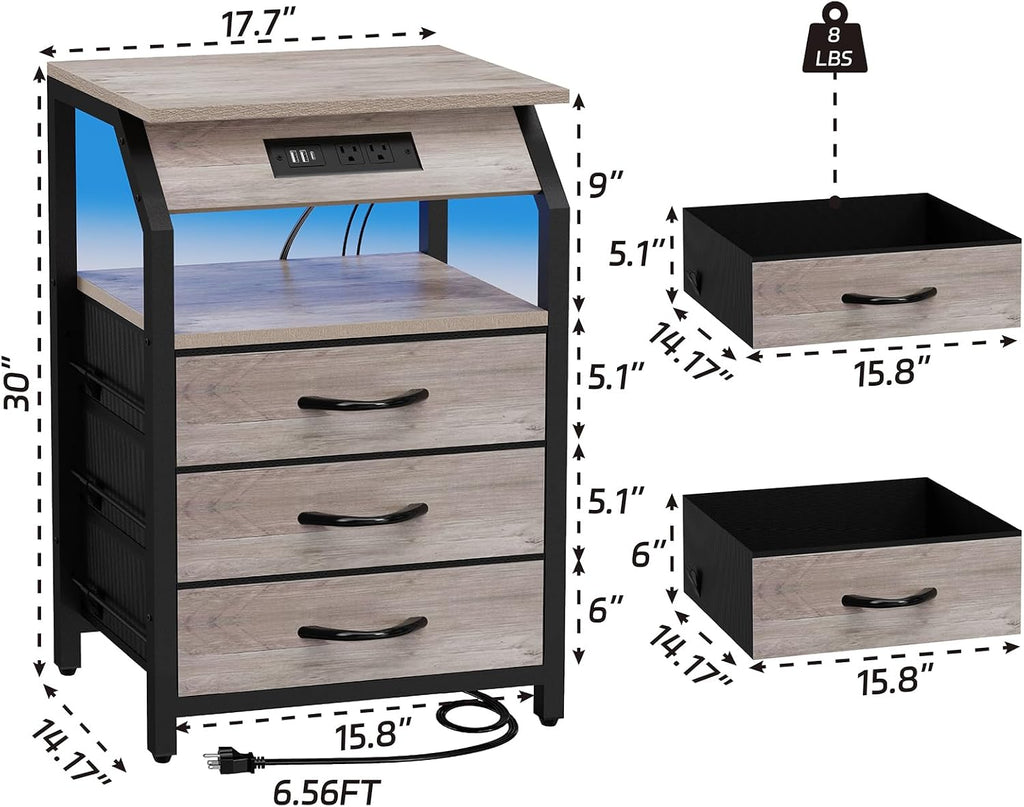 SZLHANJZ Night Stand Set of 2, Nightstands with Charger Station and LED Lights, End Tables Set with 3 Fabric Drawers, Storage Side Tables for Bedside, Living Room, Greige