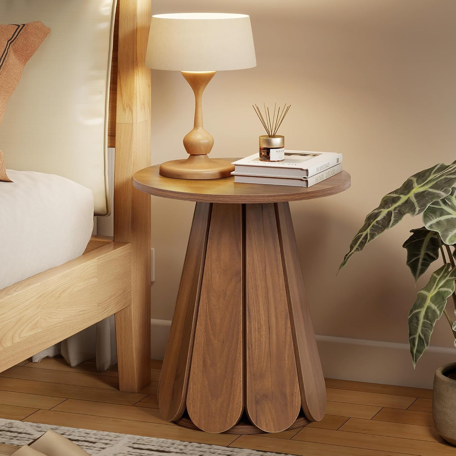 Round End Table Nightstand Set of 2, Mid Century Modern Side Table, Circle Bedside Tables Wood Night Stands for Bedroom, Living Room, Small Space, Walnut