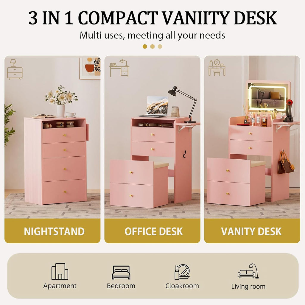 COMHOMA Makeup Vanity Desk with Mirror and Lights, Small 3 in 1 Vanity Table with Visible Glass Top, Flip Top & 3 Drawers, Compact Dressing with Storage Stool for Room or Office