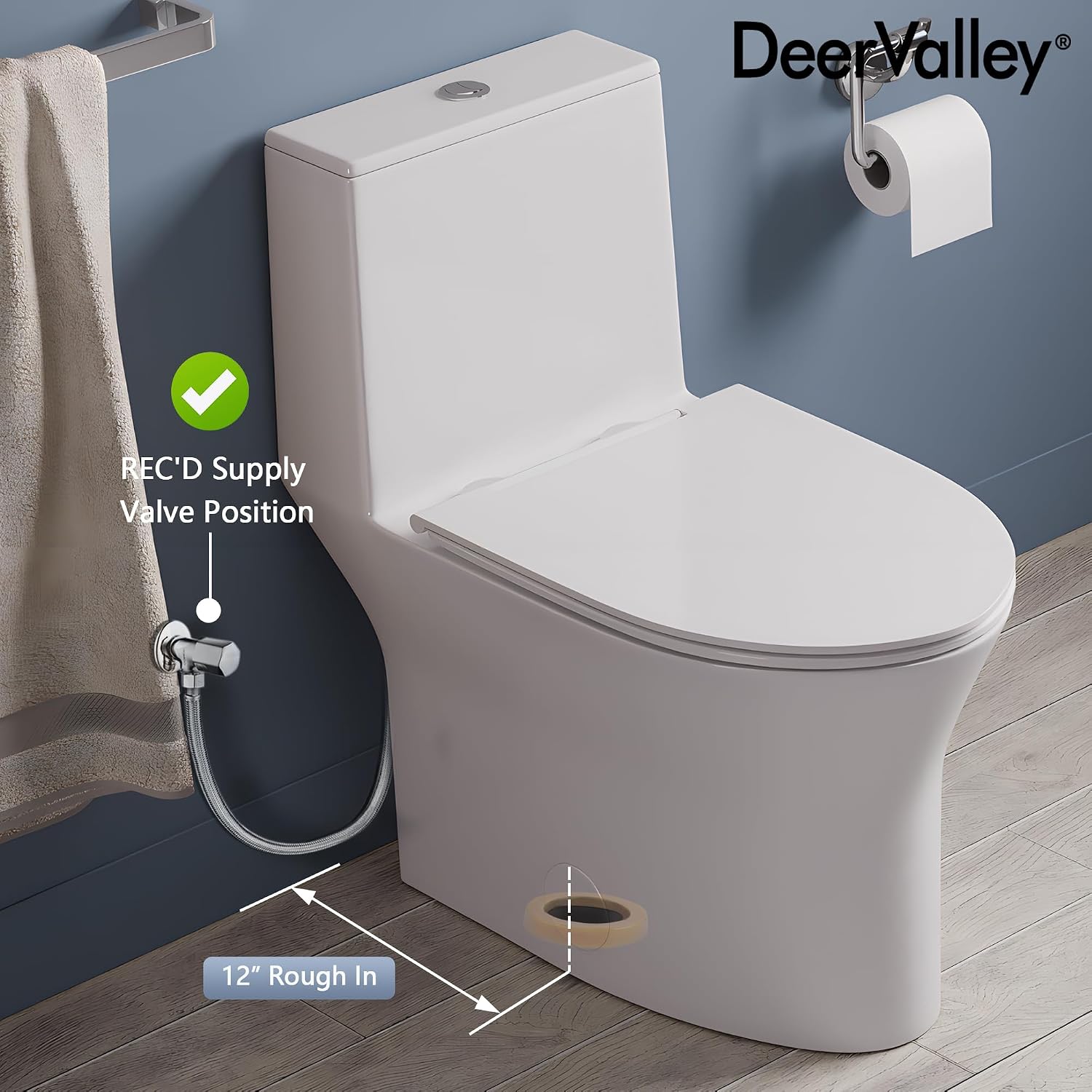 DeerValley Compact One-Piece Toilet for Small Bathrooms, Dual Flush 0.8/1.28 GPF, 900g MAP, Round Bowl, Soft-Close Seat, 12' Rough-In, Space-Saving Design
